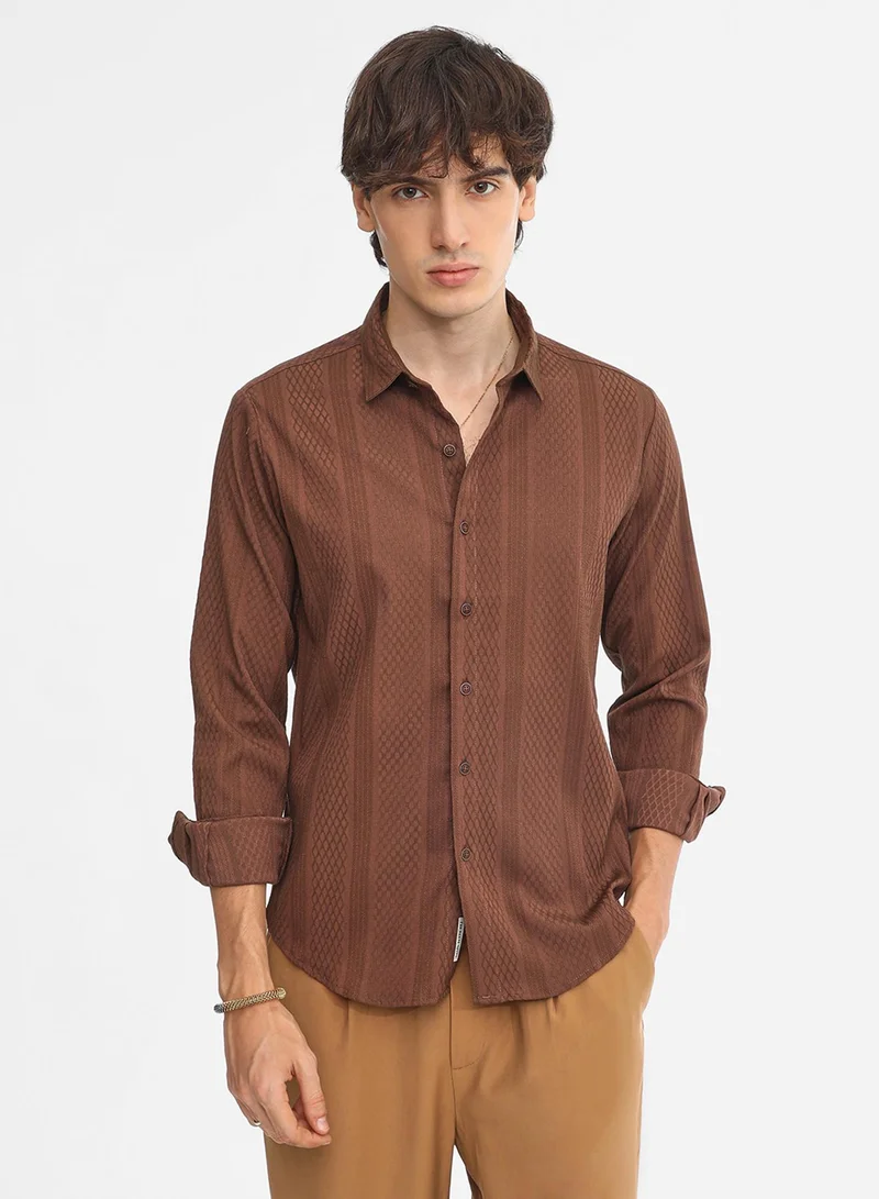 كامبوس سوترا Men's Chocolate Brown Mesh-Textured Knit Shirt For Casual Wear | Spread Collar | Long Sleeve | Button Closure | Shirt Crafted With Comfort Fit For Everyday Wear