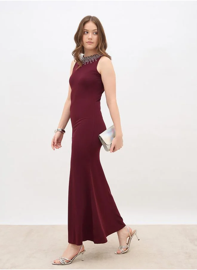 Styli Styli Embellished Round Neck A-Line Maxi Dress