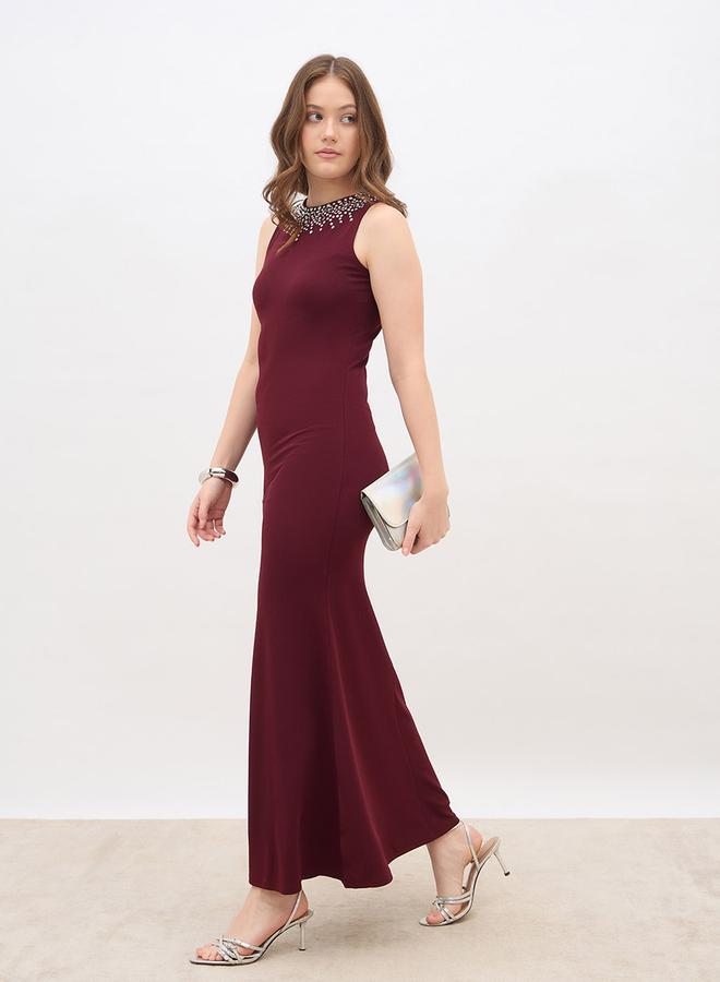 ستايلي فستان ماكسي بتصميم - بياقة مستديرة مزين بالخرز - Image 1