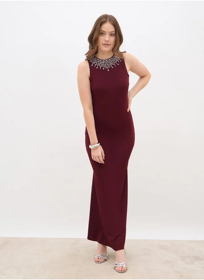 Styli Styli Embellished Round Neck A-Line Maxi Dress
