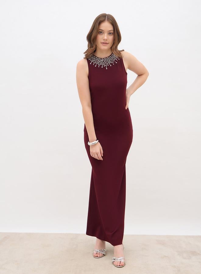 ستايلي فستان ماكسي بتصميم - بياقة مستديرة مزين بالخرز - Image 2
