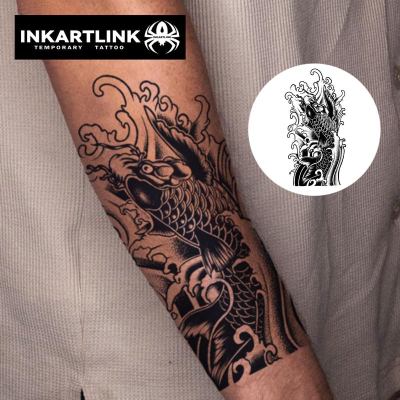 INKARTLINK تاتو مؤقت شبه دائم من INKARTLINK، تاتو واقعي للذراع، مناسب لتاتو الرجال المهيمنين، مقاوم للماء وغير عاكس، تصميم فريد (تاتو زهرة كوي)  - Image 3