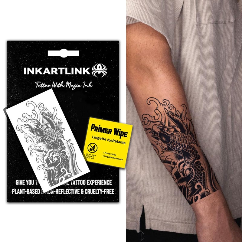 INKARTLINK تاتو مؤقت شبه دائم من INKARTLINK، تاتو واقعي للذراع، مناسب لتاتو الرجال المهيمنين، مقاوم للماء وغير عاكس، تصميم فريد (تاتو زهرة كوي)  - Image 1