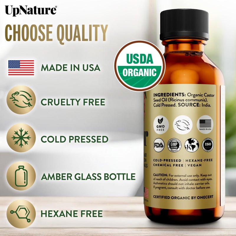 UpNature Organic Castor Oil Lash Serum for Eyelashes and Eyebrows Growth - 100% Pure Cold Pressed Hexane-Free (2oz Glass Bottle) - Image 3