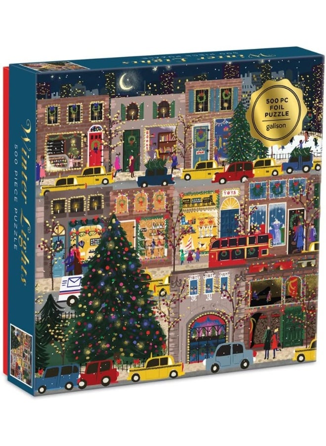 Galison Galison Winter Lights Foil Puzzle 500 Pieces – Holiday Jigsaw Puzzle Featuring Festive City Scene by Joy Laforme – Thick, Sturdy Pieces Challenging Family Activity Great Gift Idea  - Image 1