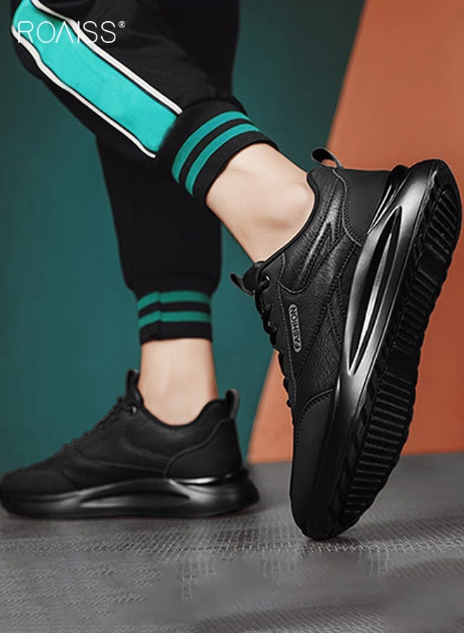 roaiss Men's Low-Top Athletic Shoes, Comfortable and Breathable Work Shoes Construction Site Work Shoes Non-slip Wear-Resistant Waterproof Leather Lace-Up Athletic Shoes Commuting, Casual, Trendy Shoes Black - Image 1