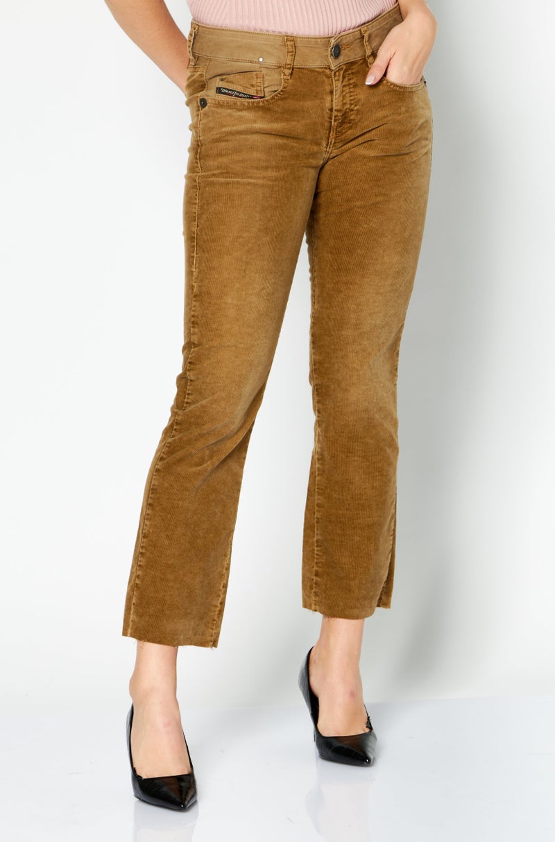 DIESEL Women Bootcut Flare Fit Printed Corduroy Pants, Tan - Image 1