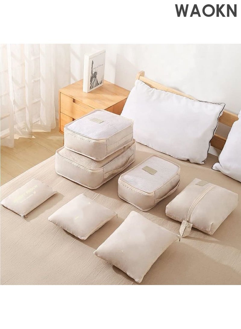 دبليو أيه أو كي أن مجموعة مكعبات التعبئة من 7 قطع - منظمات سفر خفيفة الوزن للأمتعة مع حقيبة غسيل وحقيبة أحذية - حقائب تخزين شبكية قابلة للطي لحقيبة السفر والحمل - معتمدة من إدارة أمن النقل ومقاومة للتجاعيد (بيج) - مثالية للعطلات ورحلات العمل - Image 5