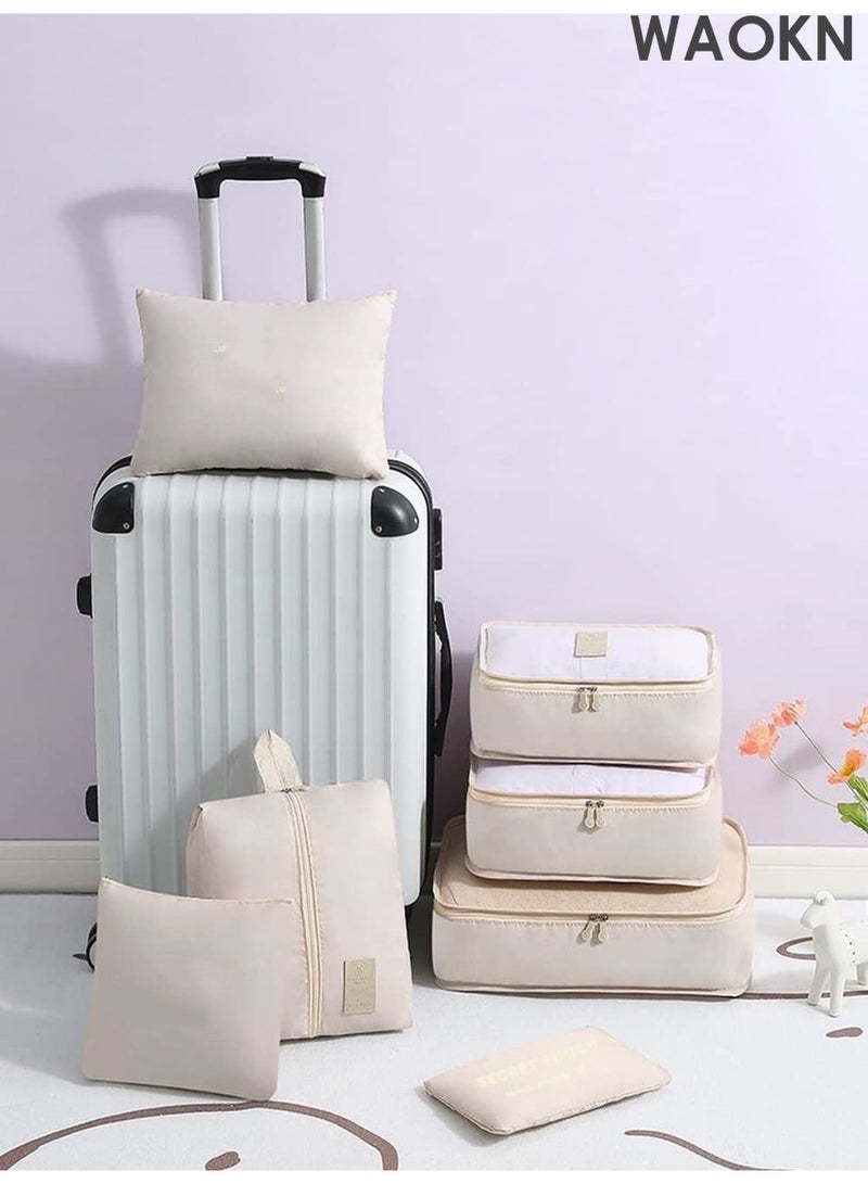 دبليو أيه أو كي أن مجموعة مكعبات التعبئة من 7 قطع - منظمات سفر خفيفة الوزن للأمتعة مع حقيبة غسيل وحقيبة أحذية - حقائب تخزين شبكية قابلة للطي لحقيبة السفر والحمل - معتمدة من إدارة أمن النقل ومقاومة للتجاعيد (بيج) - مثالية للعطلات ورحلات العمل - Image 2