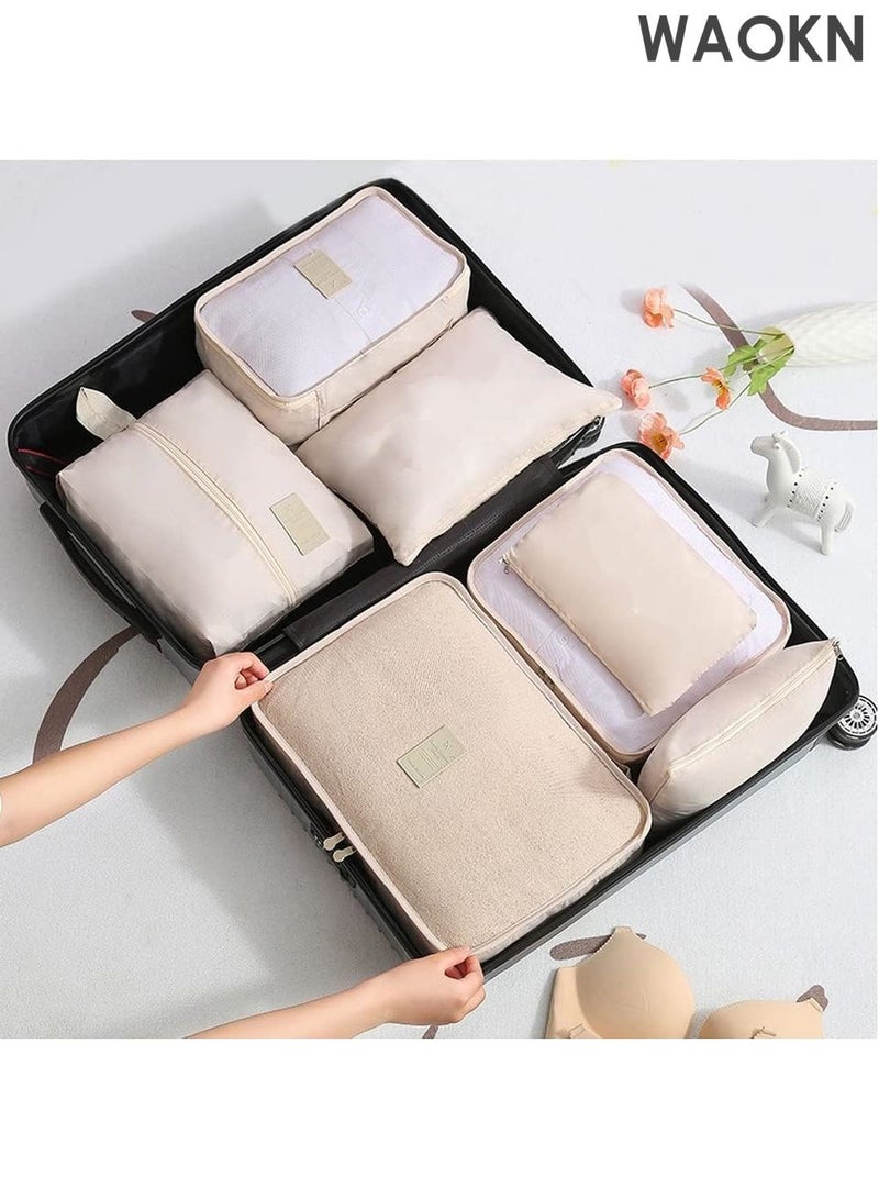 دبليو أيه أو كي أن مجموعة مكعبات التعبئة من 7 قطع - منظمات سفر خفيفة الوزن للأمتعة مع حقيبة غسيل وحقيبة أحذية - حقائب تخزين شبكية قابلة للطي لحقيبة السفر والحمل - معتمدة من إدارة أمن النقل ومقاومة للتجاعيد (بيج) - مثالية للعطلات ورحلات العمل - Image 1