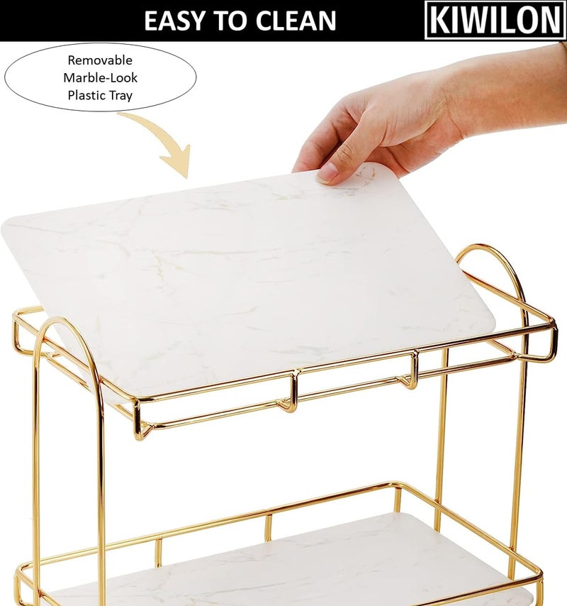 Kiwilon 2 Tier Golden Countertop Organizer for Bathroom Kitchen Rack Organiser with Black Marble Look Plastic Tray Cosmetic Storage Shelf 122x55x9 Inch - Image 5