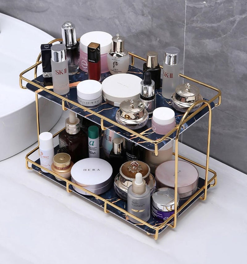 Kiwilon 2 Tier Golden Countertop Organizer for Bathroom Kitchen Rack Organiser with Black Marble Look Plastic Tray Cosmetic Storage Shelf 122x55x9 Inch - Image 1