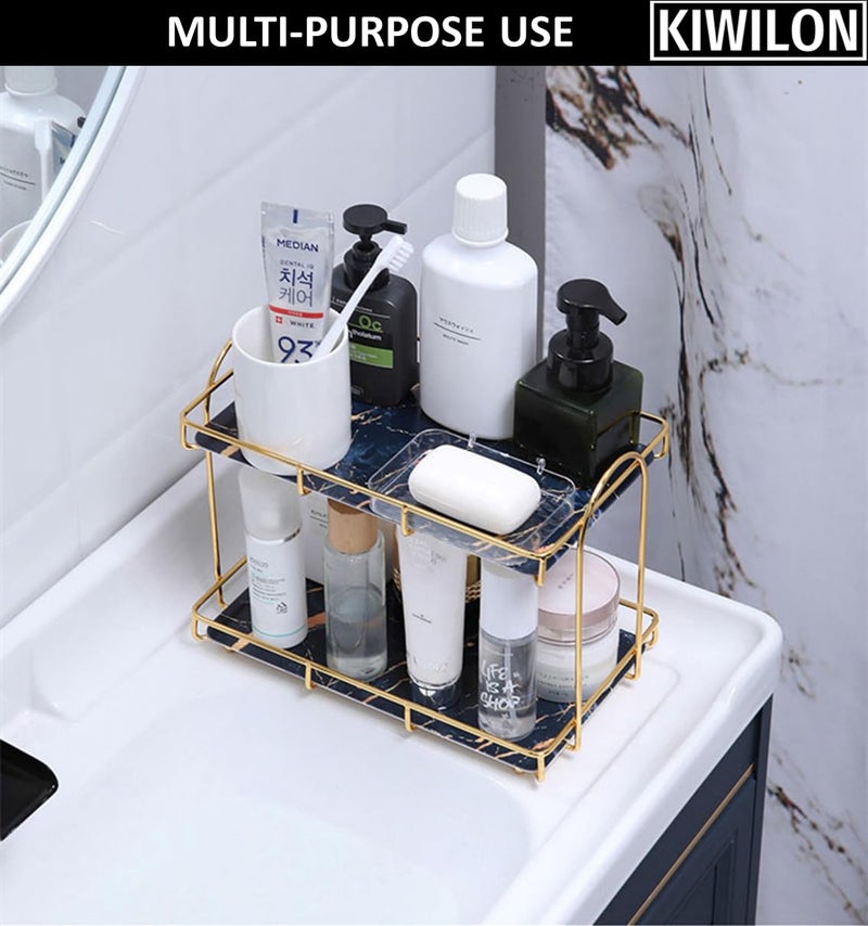 Kiwilon 2 Tier Golden Countertop Organizer for Bathroom Kitchen Rack Organiser with Black Marble Look Plastic Tray Cosmetic Storage Shelf 122x55x9 Inch - Image 3
