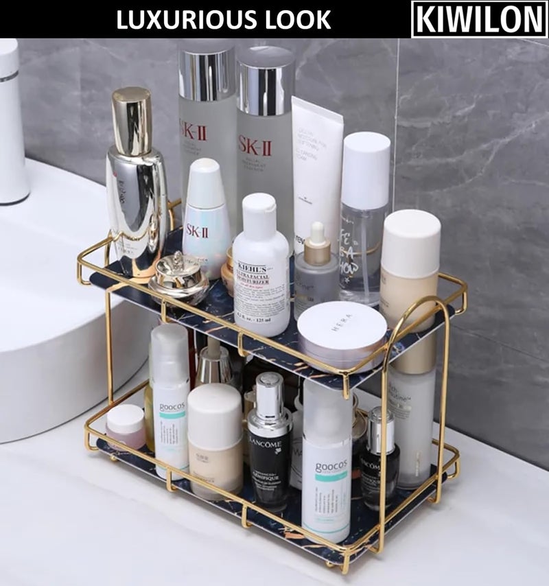 Kiwilon 2 Tier Golden Countertop Organizer for Bathroom Kitchen Rack Organiser with Black Marble Look Plastic Tray Cosmetic Storage Shelf 122x55x9 Inch - Image 2