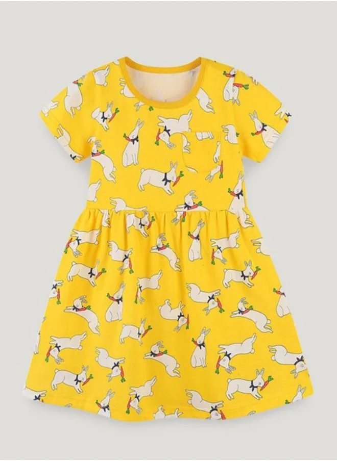 YUNIQEE Yellow A-Line Crew Neck Printed Dress