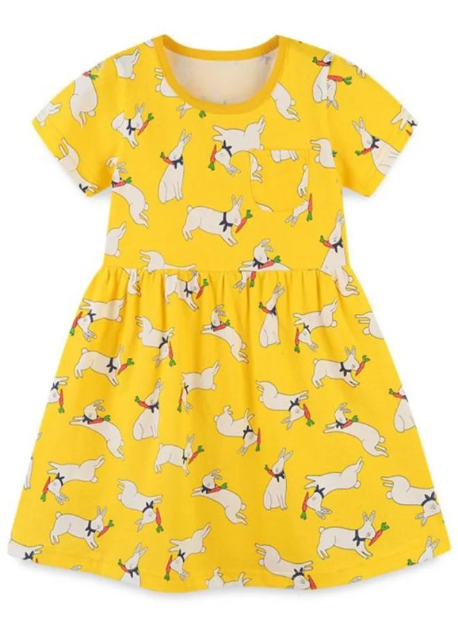 YUNIQEE Yellow A-Line Crew Neck Printed Dress