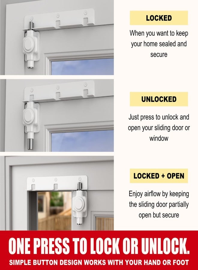 Securityman Sliding Door Lock | Sliding Glass Door Lock for Child Safety, Pet, Patio, & Adjustable Ventilation with Button Actuation, Metal Shaft - Image 4