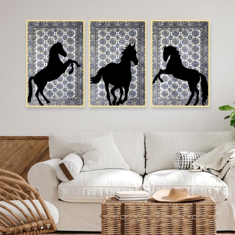 Marktna Three canvas paintings with a horse design and a hollow frame, measuring (90×40), three pieces - Image 1