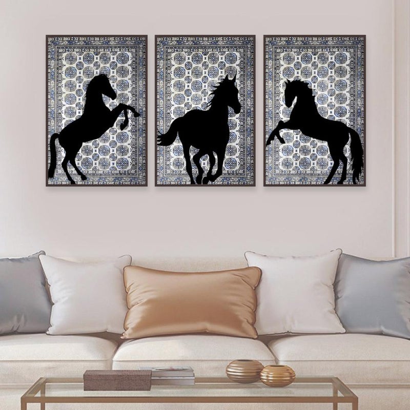 Marktna Three canvas paintings with a horse design and a hollow frame, measuring (90×40), three pieces - Image 3