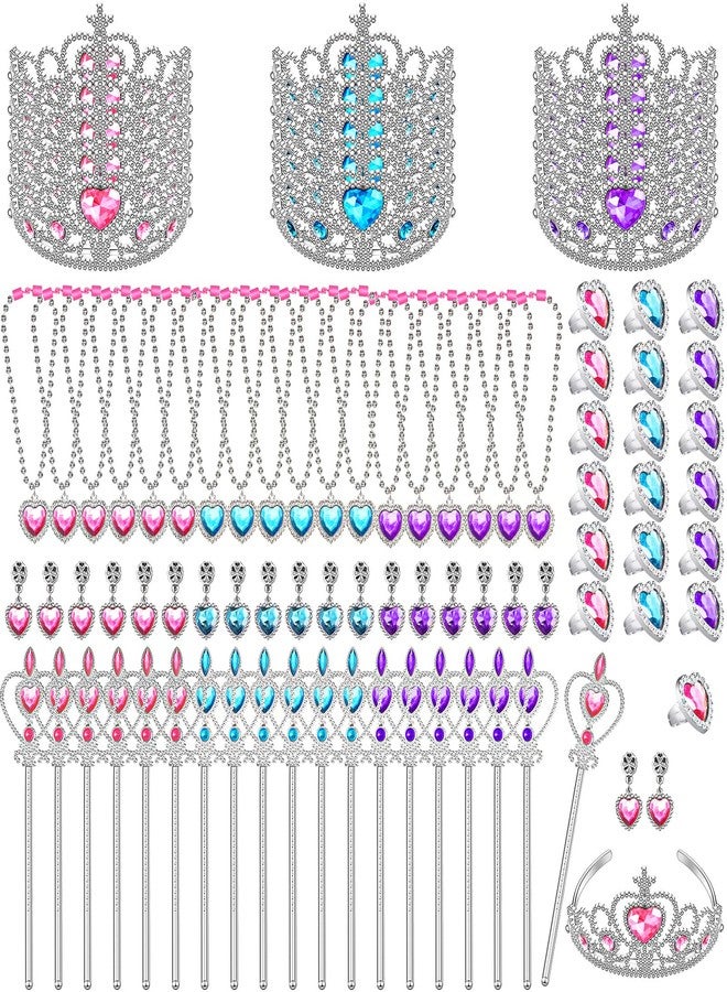 Cindeer 18 Sets Princess Jewelry Toys with Princess Crown Wand Necklace Earrings Rings Kids Jewelry for Girls Pretend Play Jewelry Princess Dress up Party Favors Blue Pink Purple 3 Colors - Image 1