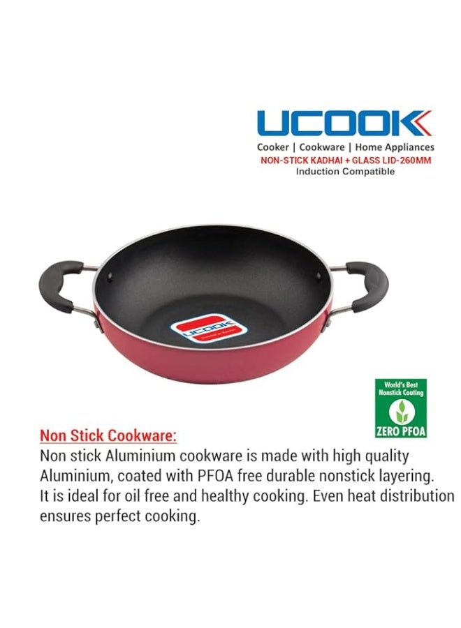 UCOOK by United Ekta Group Non-Stick Deep Kadhai with Glass Lid DK0321 – 260mm / 3.5L | Induction & Gas Compatible | Durable Non-Stick Coating | Cool-Touch Handles | Red - Image 5