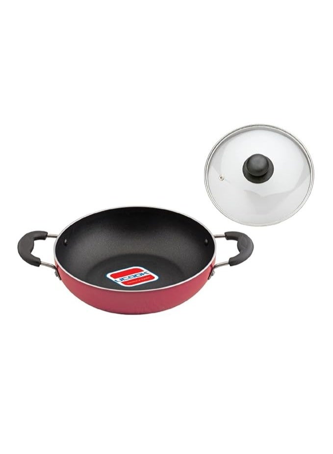 UCOOK by United Ekta Group Non-Stick Deep Kadhai with Glass Lid DK0321 – 260mm / 3.5L | Induction & Gas Compatible | Durable Non-Stick Coating | Cool-Touch Handles | Red - Image 1