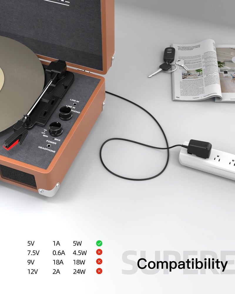 Superer DC 5V 1A Charger Fit for Victrola Record Player Power Cord for Vinyl Suitcase Turntable Player VSC-550BT VSC-550BT-BK Vintage 3-Speed Replacement FJ-SW0501500DU AC Adapter Supply - Image 2