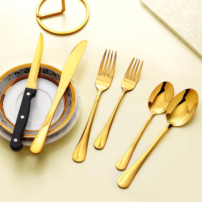 LayHyand 48-Pack Gold Silverware Set with Steak Knives, Stainless Steel Tableware Cutlery Spoons Forks Kit, For Buffet Kitchen Restaurant Hotel, Kitchen Flatware Utensils Set, Mirror Polished - Image 3