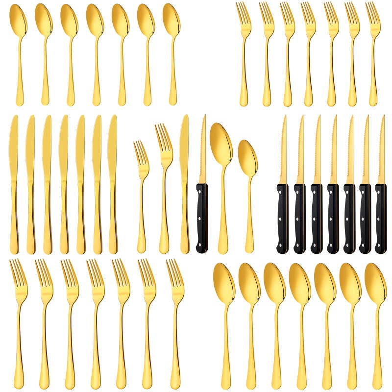 LayHyand 48-Pack Gold Silverware Set with Steak Knives, Stainless Steel Tableware Cutlery Spoons Forks Kit, For Buffet Kitchen Restaurant Hotel, Kitchen Flatware Utensils Set, Mirror Polished - Image 1