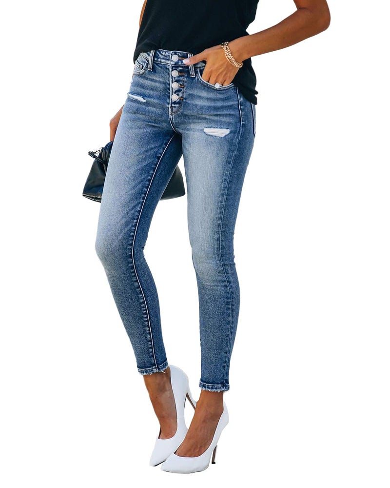 Allimy Women's High Waist Skinny Stretch Ripped Jeans Destroyed Denim Pants 12 - Image 3