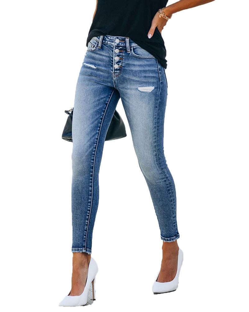 Allimy Women's High Waist Skinny Stretch Ripped Jeans Destroyed Denim Pants 12 - Image 4