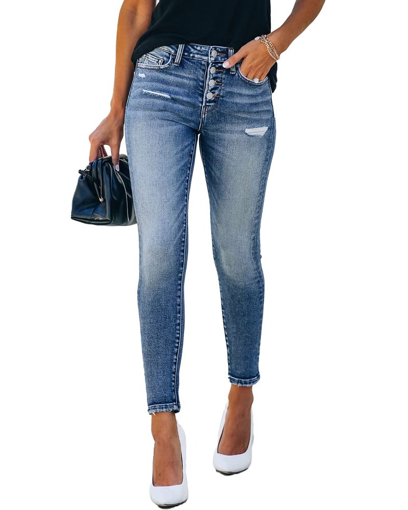 Allimy Women's High Waist Skinny Stretch Ripped Jeans Destroyed Denim Pants 12 - Image 1