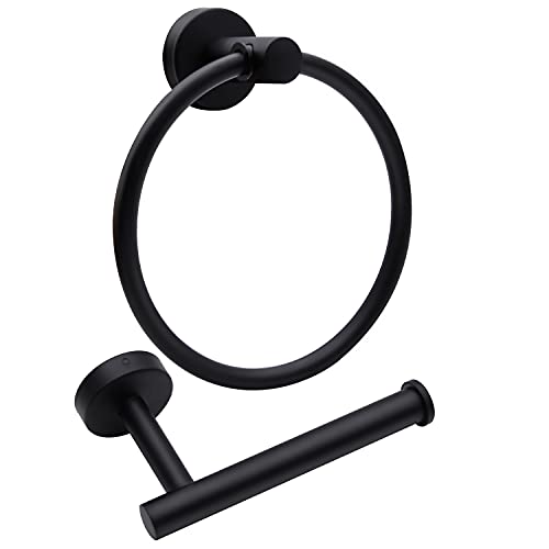 Mdvora 2pcs Matte Black Toilet Paper Holder and Towel Ring Set, Stainless Steel Hand Towel Holder and Towel Hanger with Hardware Pack - Image 1