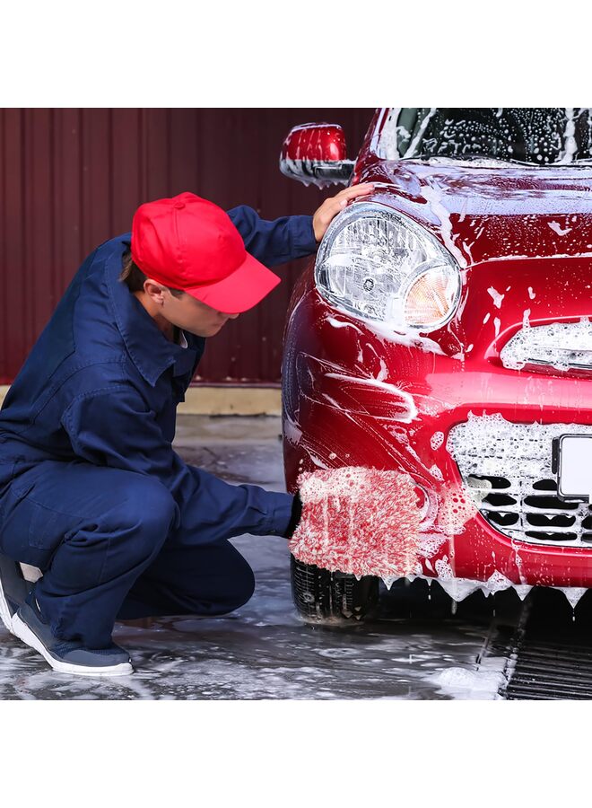 قفاز غسيل سيارات من الألياف الدقيقة، إسفنجة سيارة مغلفة بنسيج ناعم وفاخر، آمن للاستخدام مع أي صابون سيارات، دلو، جهاز رش الرغوة، وغيرها من أدوات التنظيف، أحمر وأبيض (قطعتان) - Image 2