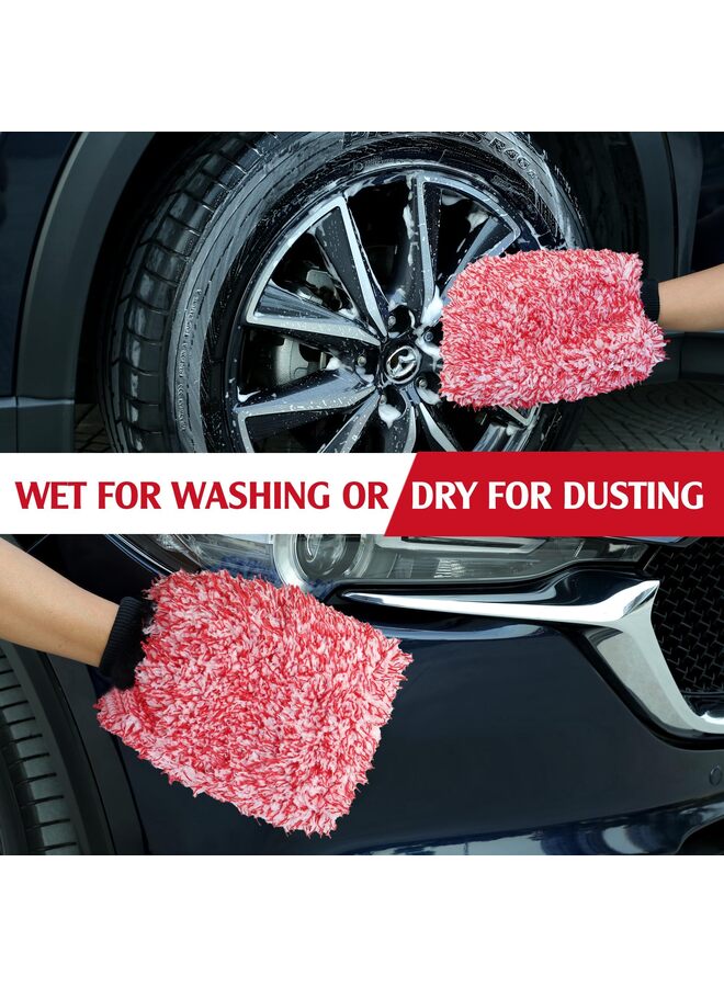 قفاز غسيل سيارات من الألياف الدقيقة، إسفنجة سيارة مغلفة بنسيج ناعم وفاخر، آمن للاستخدام مع أي صابون سيارات، دلو، جهاز رش الرغوة، وغيرها من أدوات التنظيف، أحمر وأبيض (قطعتان) - Image 5