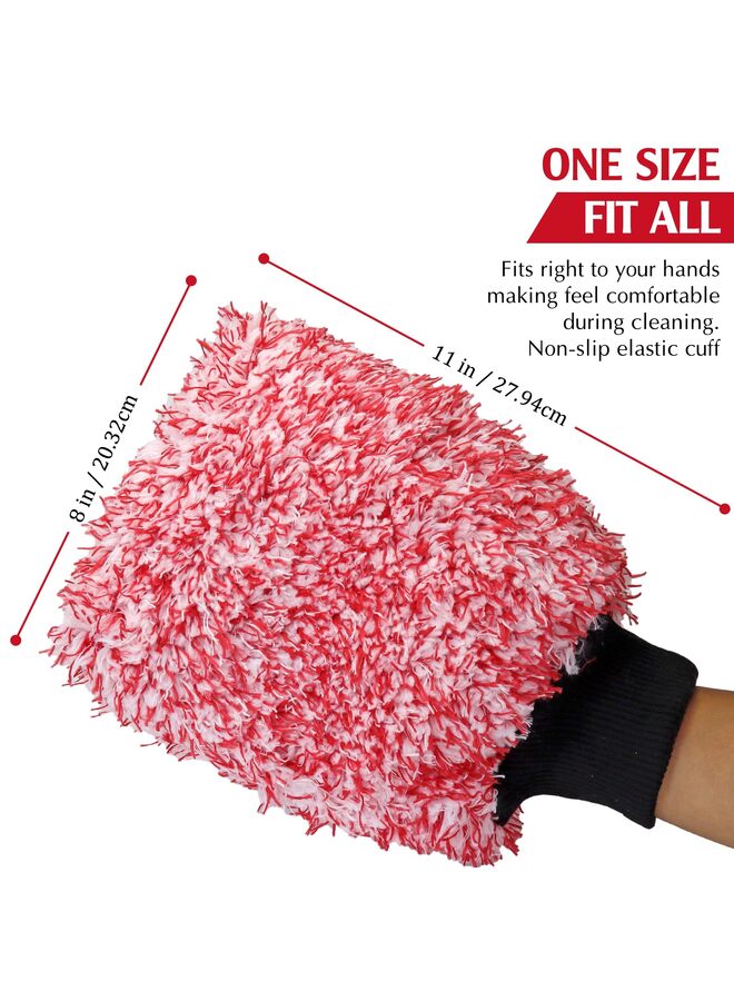 قفاز غسيل سيارات من الألياف الدقيقة، إسفنجة سيارة مغلفة بنسيج ناعم وفاخر، آمن للاستخدام مع أي صابون سيارات، دلو، جهاز رش الرغوة، وغيرها من أدوات التنظيف، أحمر وأبيض (قطعتان) - Image 3