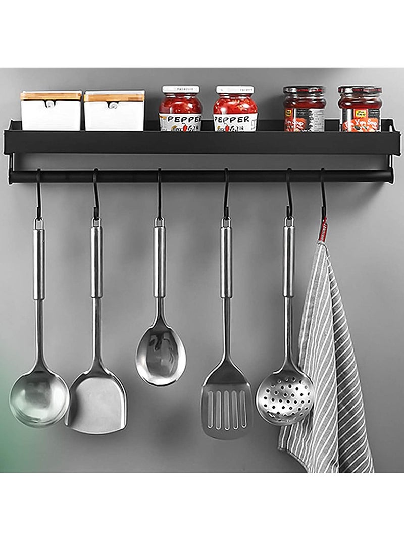 DubaiGallery رف الأواني المثبت على الحائط منظم الأواني والقدور رف الحائط مع قضيب منشفة و 6 خطافات لتنظيم أدوات المطبخ باللون الأسود - Image 2