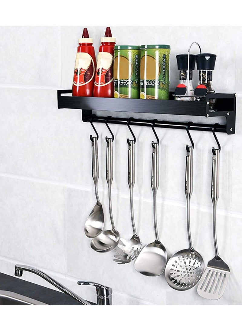DubaiGallery رف الأواني المثبت على الحائط منظم الأواني والقدور رف الحائط مع قضيب منشفة و 6 خطافات لتنظيم أدوات المطبخ باللون الأسود - Image 3