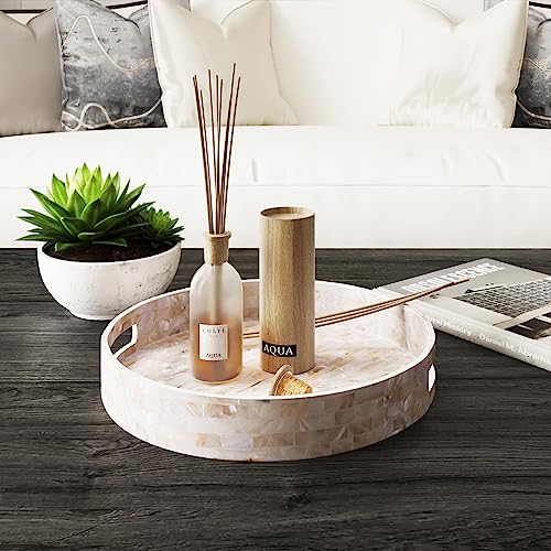 PEMAR 12.6” Mother of Pearl Round Serving Tray with Handles, Decorative Nacred Wooden Ottoman Coffee Table Tray (White Tiles) - Image 2