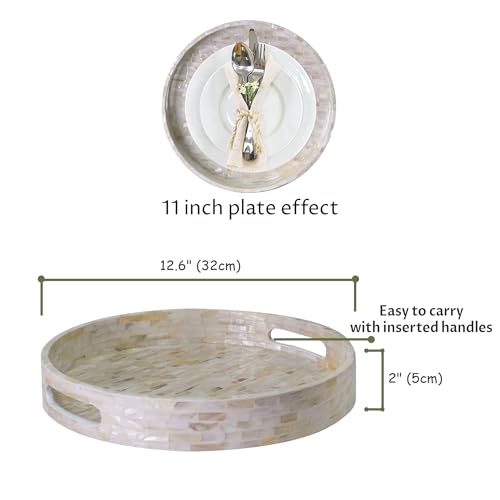 PEMAR 12.6” Mother of Pearl Round Serving Tray with Handles, Decorative Nacred Wooden Ottoman Coffee Table Tray (White Tiles) - Image 5