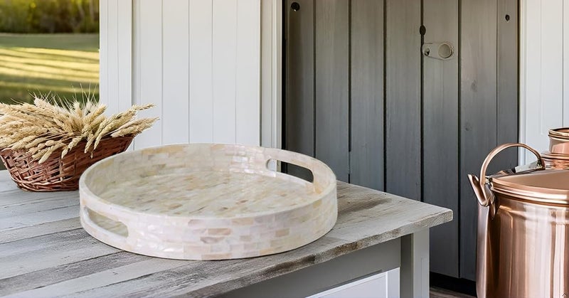 PEMAR 12.6” Mother of Pearl Round Serving Tray with Handles, Decorative Nacred Wooden Ottoman Coffee Table Tray (White Tiles) - Image 3