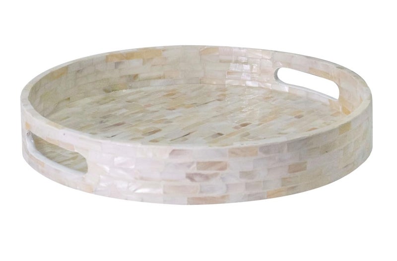 PEMAR 12.6” Mother of Pearl Round Serving Tray with Handles, Decorative Nacred Wooden Ottoman Coffee Table Tray (White Tiles) - Image 1