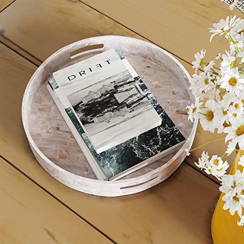 PEMAR 12.6” Mother of Pearl Round Serving Tray with Handles, Decorative Nacred Wooden Ottoman Coffee Table Tray (White Tiles) - Image 4