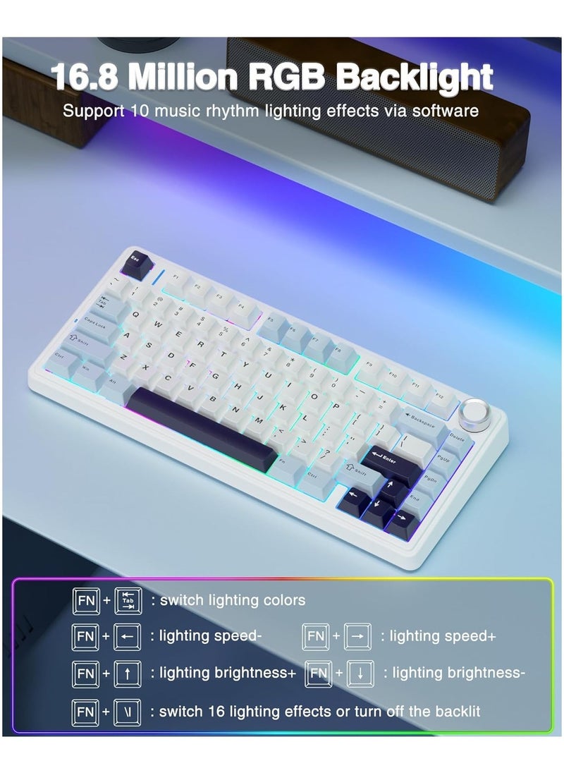 AULA - AULA F75 75% Wireless Mechanical Keyboard,Gasket Hot Swappable Custom Keyboard,Pre-lubed Reaper Switches RGB Backlit Gaming Keyboard,2.4GHz/Type-C/BT5.0 Mechanical Keyboard (Ice Vein switch White & Blue) - Image 1