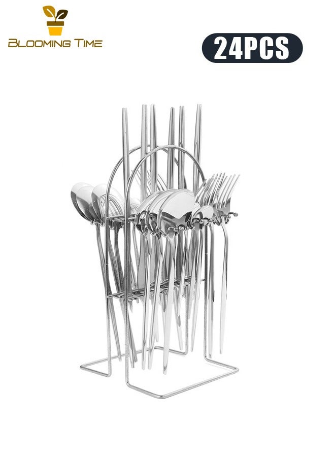 بلومنغ تايم النمط الغربي أدوات المائدة الفضة مجموعة ، الفولاذ المقاوم للصدأ عشاء مجموعة مع قوس ، 24 قطعة من أدوات المائدة / 6 قطع من أدوات المائدة ، بما في ذلك سكين / شوكة / ملعقة / ملعقة صغيرة ، مرآة مصقول ، يمكن وضعها في غسالة الصحون - Image 1
