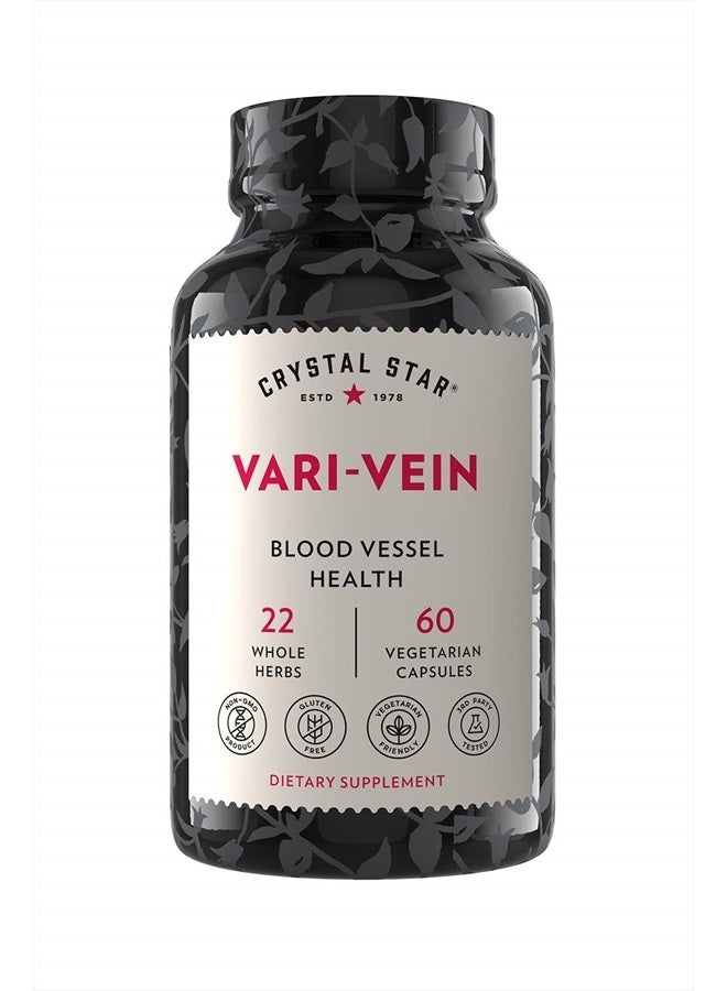 Crystal Star Vari-Vein (60 Capsules) - Herbal Circulation Support Supplement for Varicose Veins & Spider Veins Treatment - Witch Hazel, Butcher's Broom, Hawthorn & Horse Chestnut- Non-GMO - Image 1