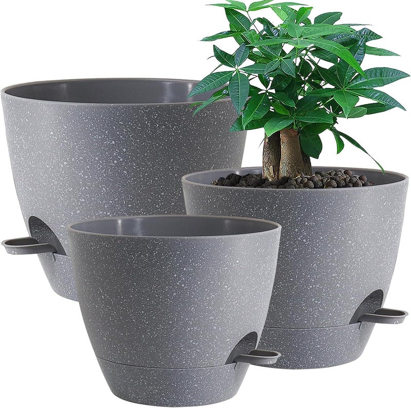 UOUZ Large Self Watering Pots, 12/10/9 Plastic Planters with High Drainage Holes and Deep Reservoir for Indoor Outdoor Garden Plants and Flowers, Grey Speckles - Image 1