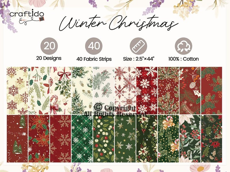 Craftido-18 Options-100% Cotton Jelly Roll Fabric Precut Strips for Quilting, Crafting, and Sewing, 40 Strips 2.5" x 44" Assorted Bundles for Rugs, Quilts, DIY Crafts and Home Decor-Winter Christmas - Image 4