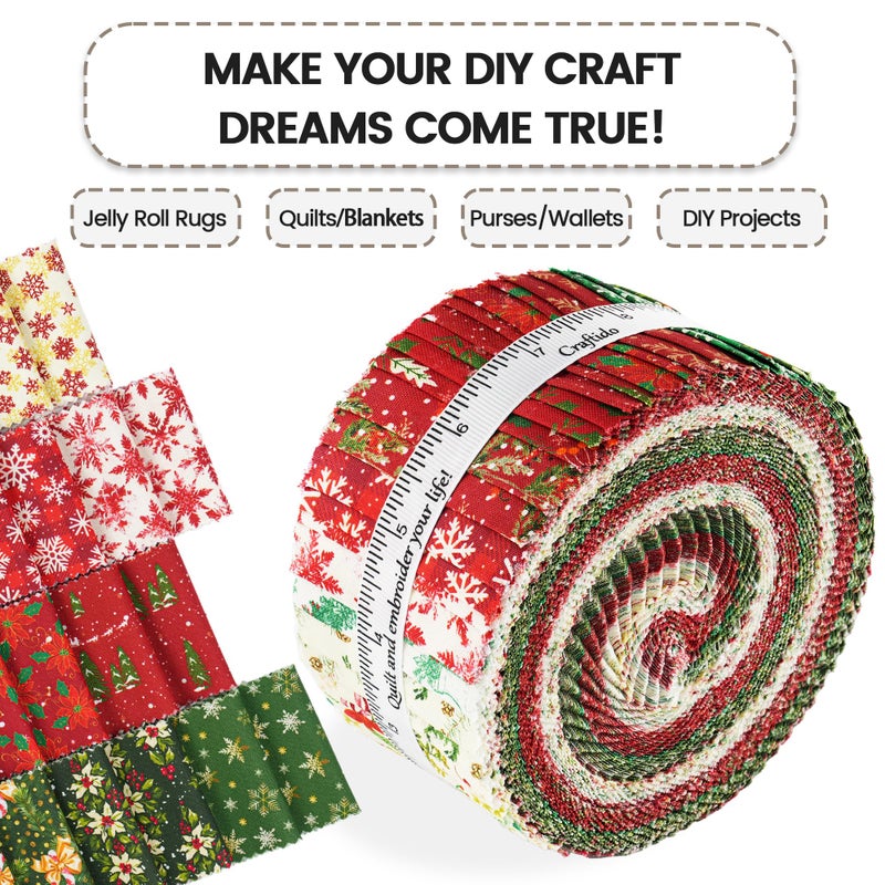Craftido-18 Options-100% Cotton Jelly Roll Fabric Precut Strips for Quilting, Crafting, and Sewing, 40 Strips 2.5" x 44" Assorted Bundles for Rugs, Quilts, DIY Crafts and Home Decor-Winter Christmas - Image 5