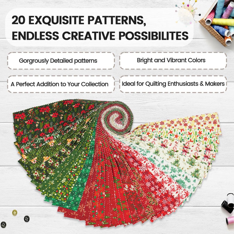 Craftido-18 Options-100% Cotton Jelly Roll Fabric Precut Strips for Quilting, Crafting, and Sewing, 40 Strips 2.5" x 44" Assorted Bundles for Rugs, Quilts, DIY Crafts and Home Decor-Winter Christmas - Image 3